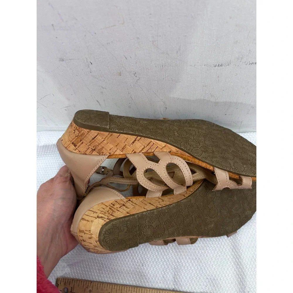Esprit Wedge Sandals 7.5 Tan Laser Cut Cage Cork Heel Womens